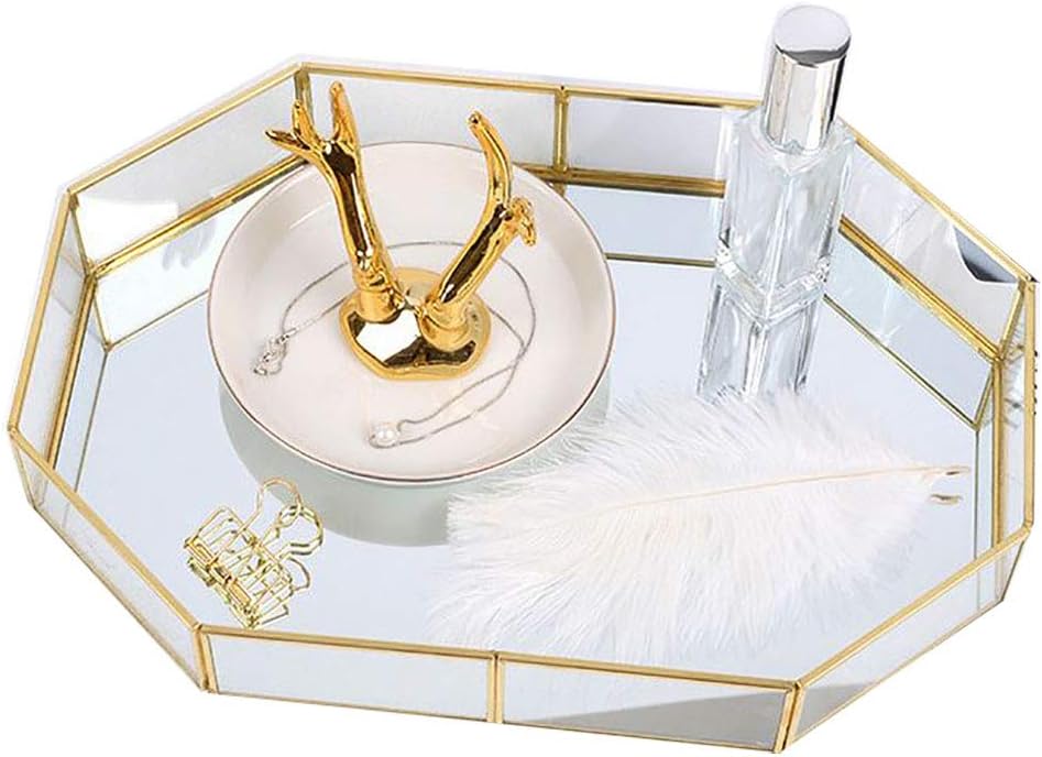 Mirror Gold Rectangle Makeup Decorative Tray, Metal Jewelry Organizer for Vanity, Bathroom, Dressing Table (Large)