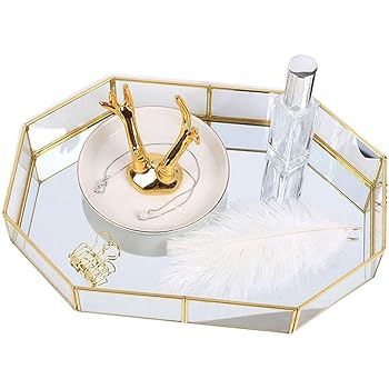 Amazon Com Yokay Mirror Gold Tray Large Perfume Glass Tray Metal Makeup Decorative Tray Rectangle Mirrored Jewelry Tray Organizer For Vanity Bathroom Dressing Table Polygon Large Home Kitchen