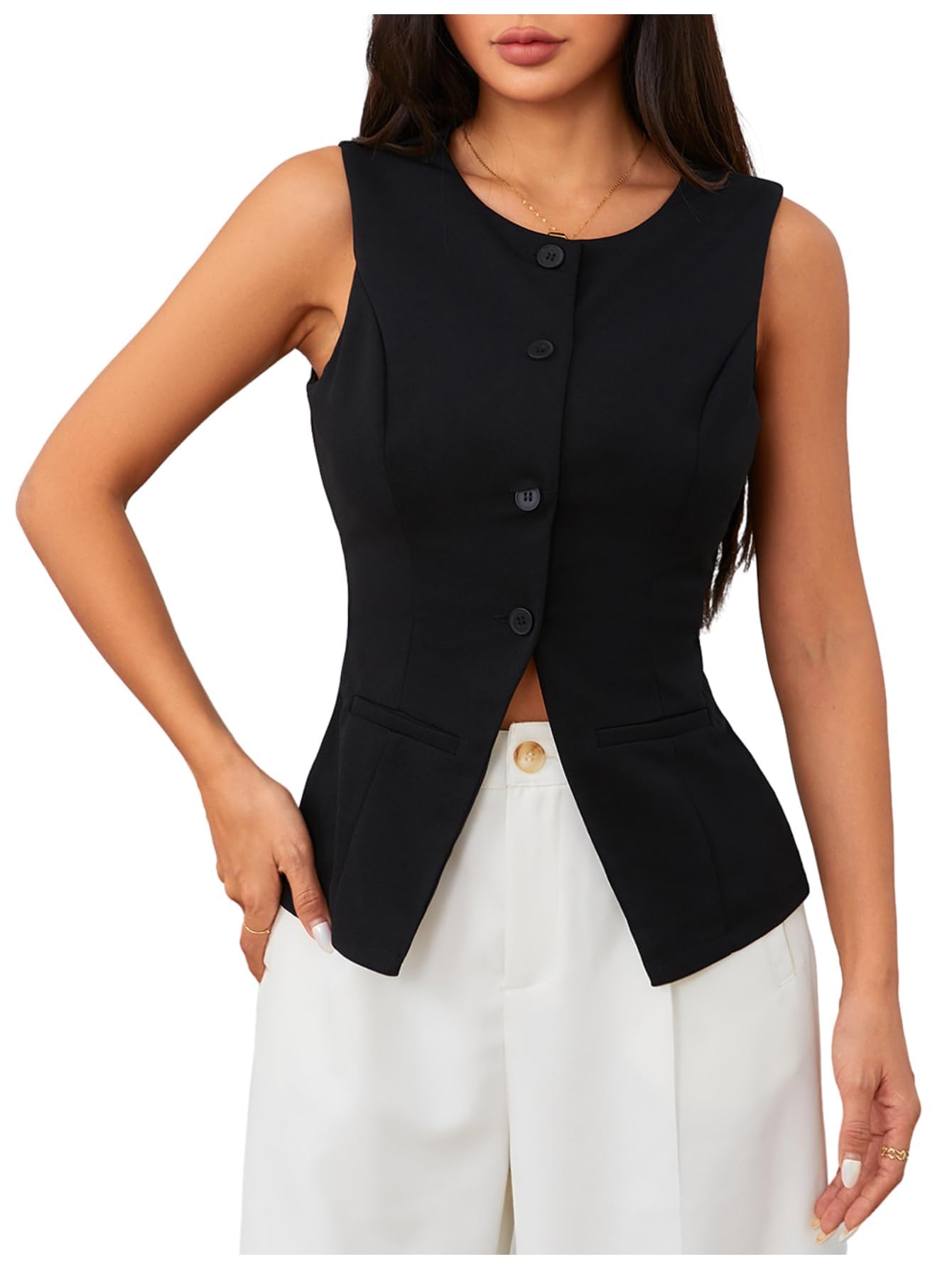 MakeMeChic Womens Vest Top Sleeveless Business Blazer Button Down Dressy Suit Teacher Outfit