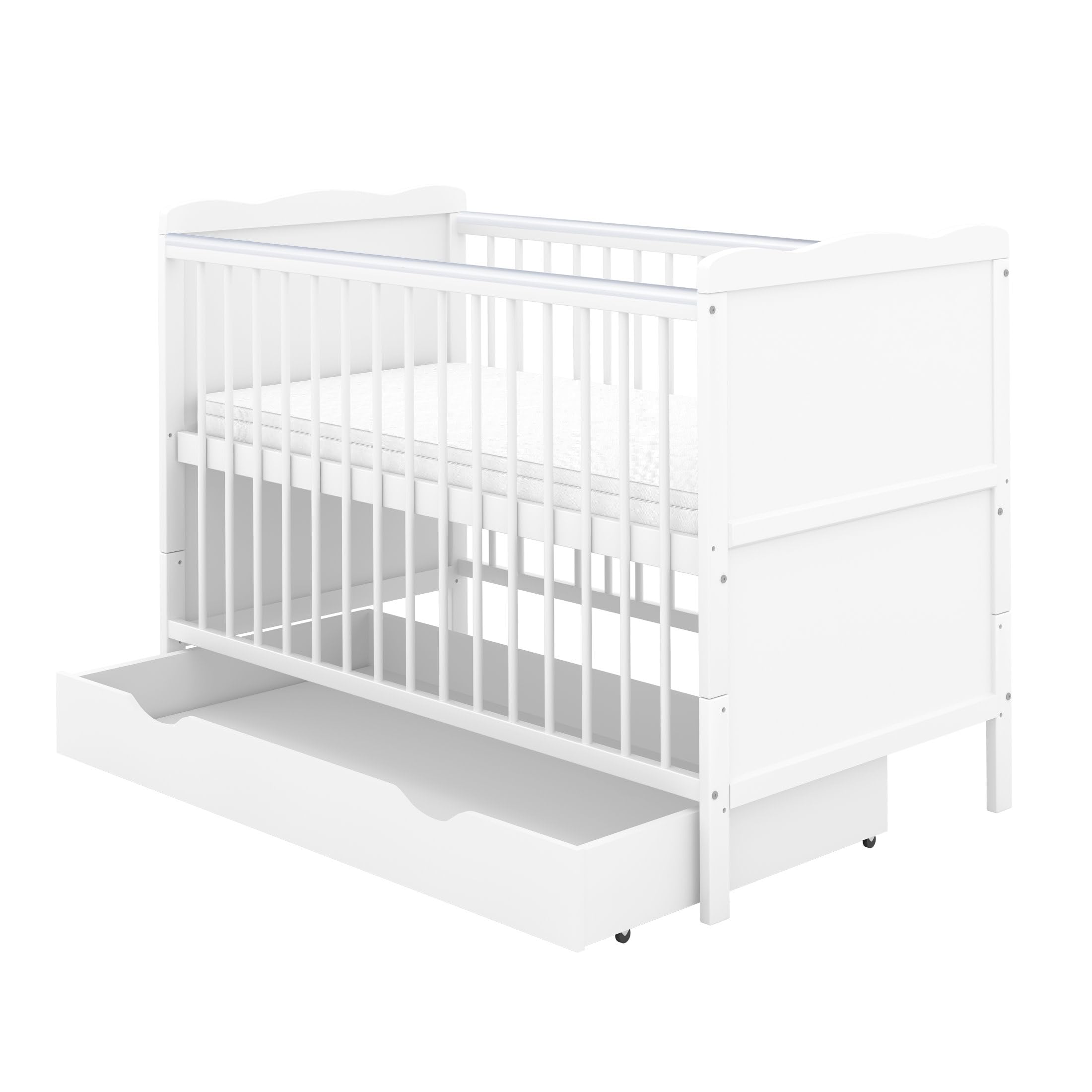 Babybett Kinderbett Juniorbett Jack 70x140 Weiß umbaubar mit Schublade Matratze und Beißschienen