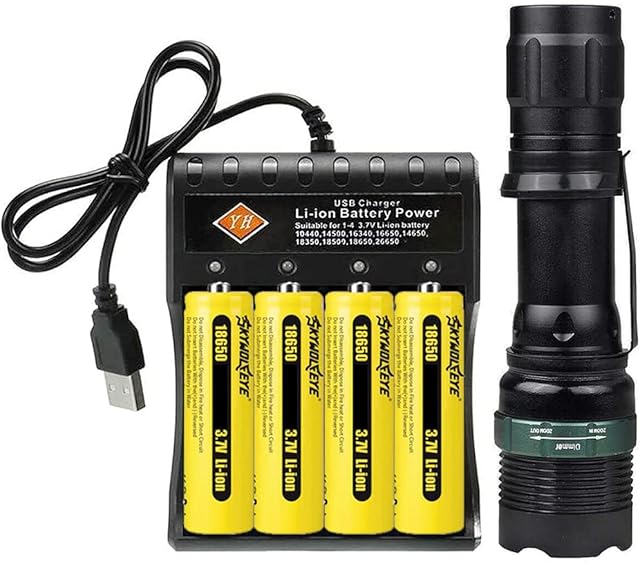 YIYUANIJI Torch 1200 High Lumens, LED Torch Compact Rechargeable 18650 Battery Included 4-Slot USB Charger, 3 Light Modes, Zoomable, Long Working Time Handheald Torch for Hiking Hunting Home