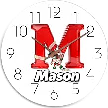 JugJug Personalized 12" Funny Christmas Wall Clock, Custom Initial & Name - Clumsy Mummy Elf Accident Wooden Clock for Kids Room, Boys - Silent Non-Ticking, Hilarious (Z163)