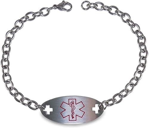 Pulsera de identificación de acero inoxidable con identificación de alerta médica para diabetes tipo 2 con cadena de 9 pulgadas, Acero inoxidable,