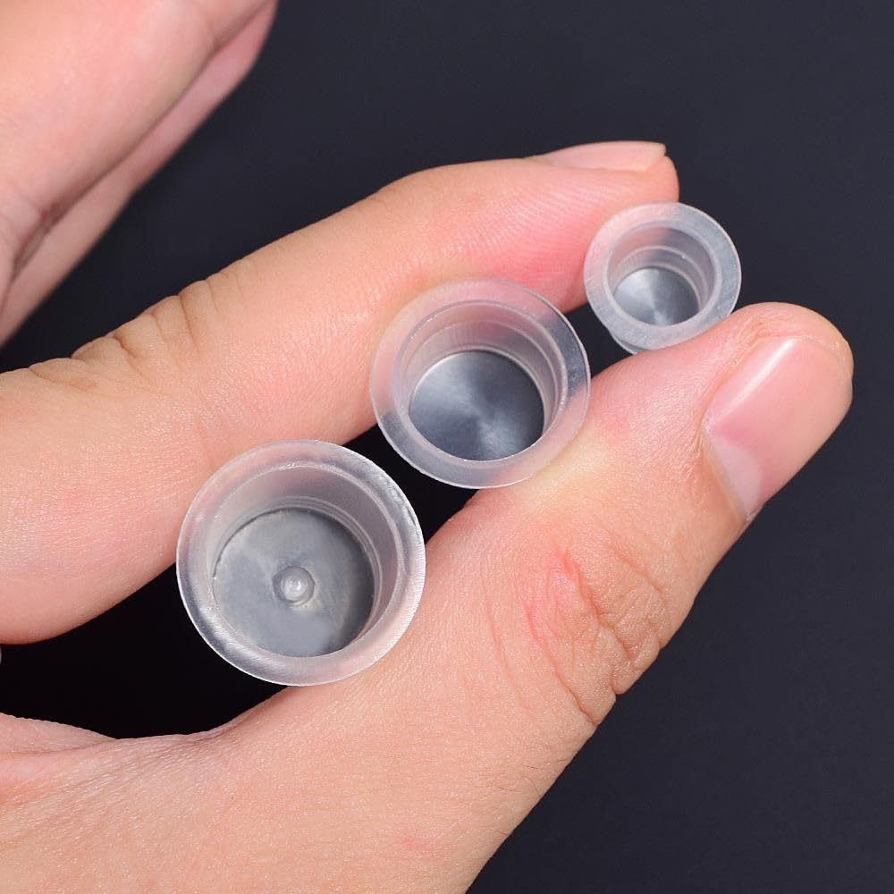 PMU Ink Cup Holder Set with 300 Disposable Ink Cups, 3 Fan-Shaped Holders, Red, Blue, and Black