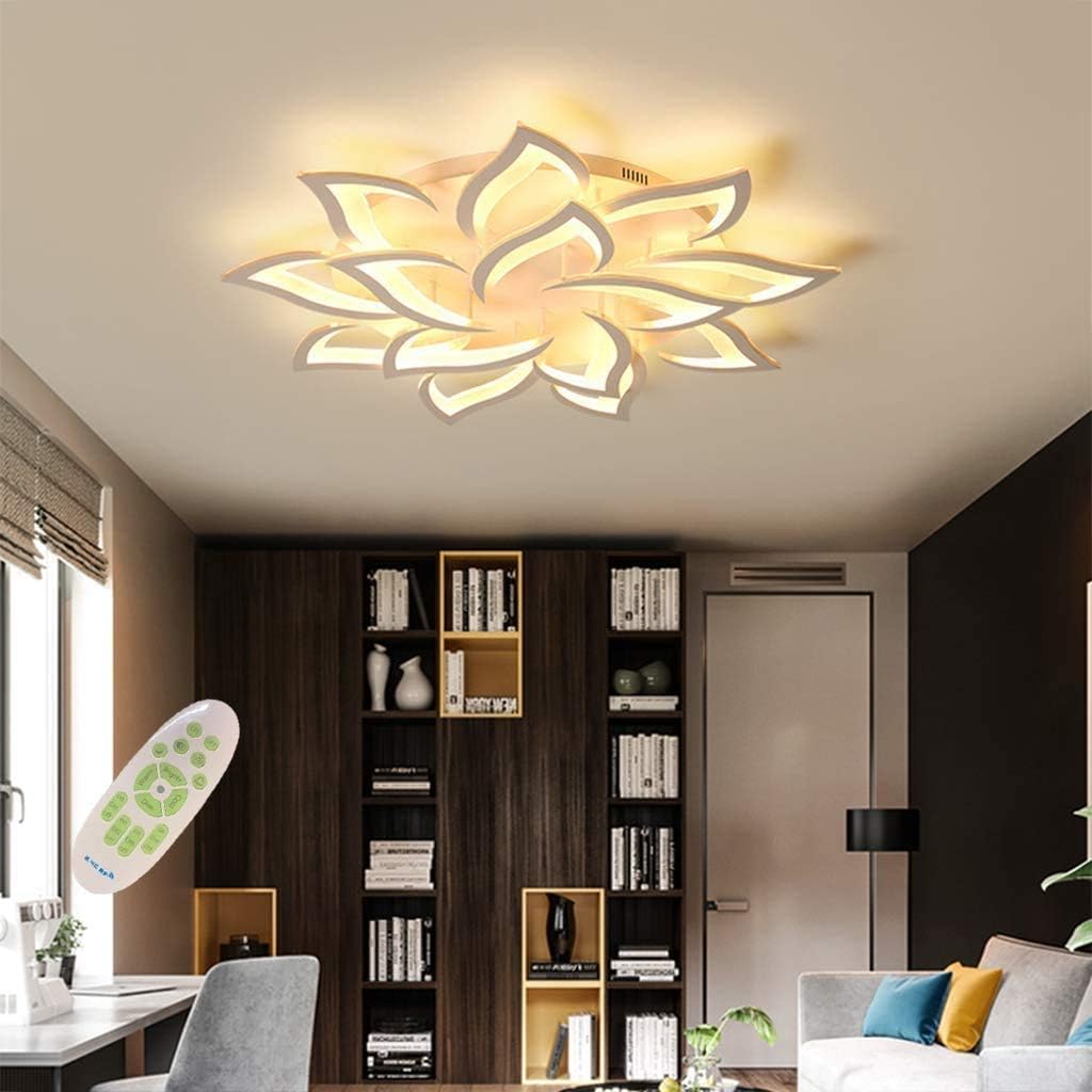 LED Dimmable Ceiling Light Modern Flower Shape Ceiling Lamp Fixture Living Room Bedroom Children's Room Flush Hanging Lamp Metal Acrylic Petal Ceiling Chandelier Lighting,14 Heads/ ø39.4″/128w