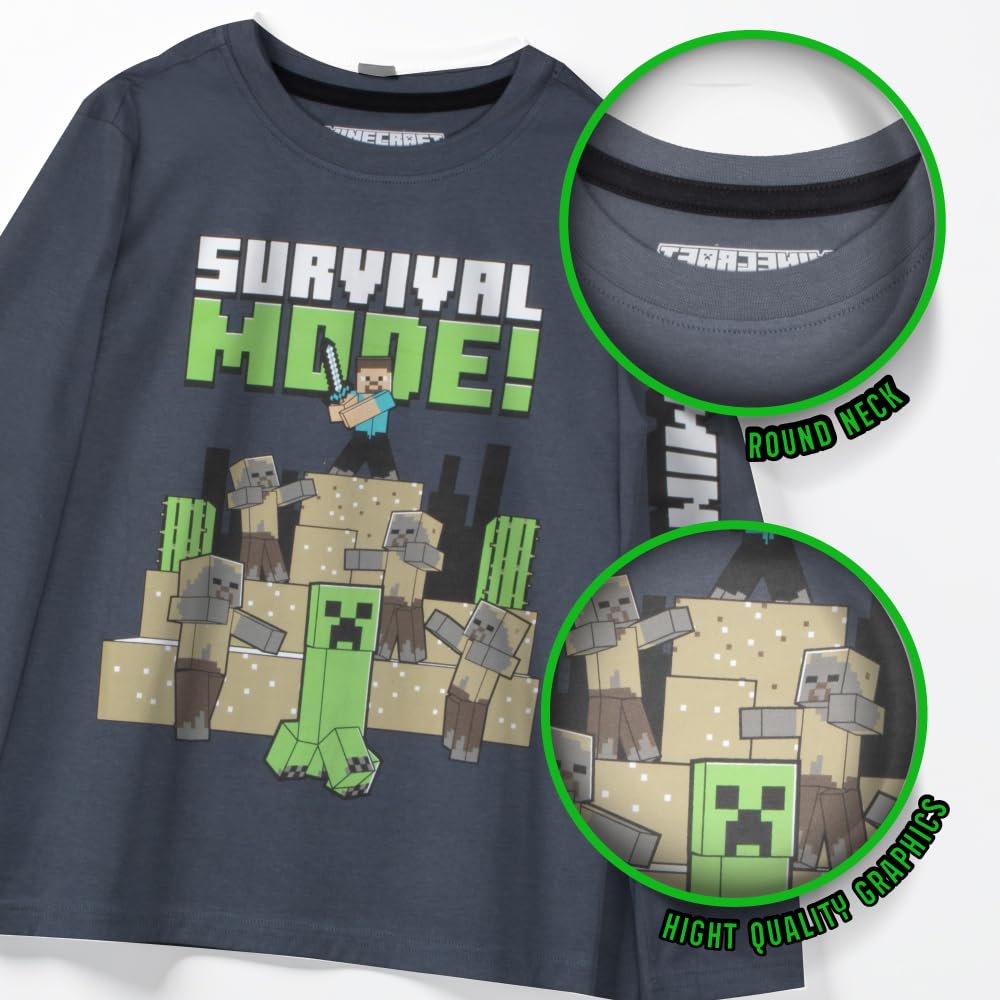 Minecraft Confezione da 3 magliette da ragazzo, a maniche lunghe, stampa grafica, in morbido cotone, magliette da gioco per bambini