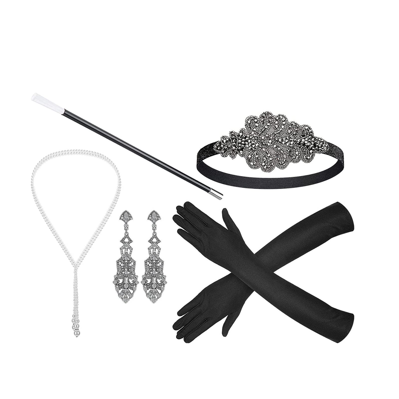 Morain 20er Jahre Flapper Frauen Kostüm Party Stirnband Halskette Zigaretten Halter 1920er Jahre Vintage Cosplay Party Kostüm Zubehör Feder Schal Set Event Schal