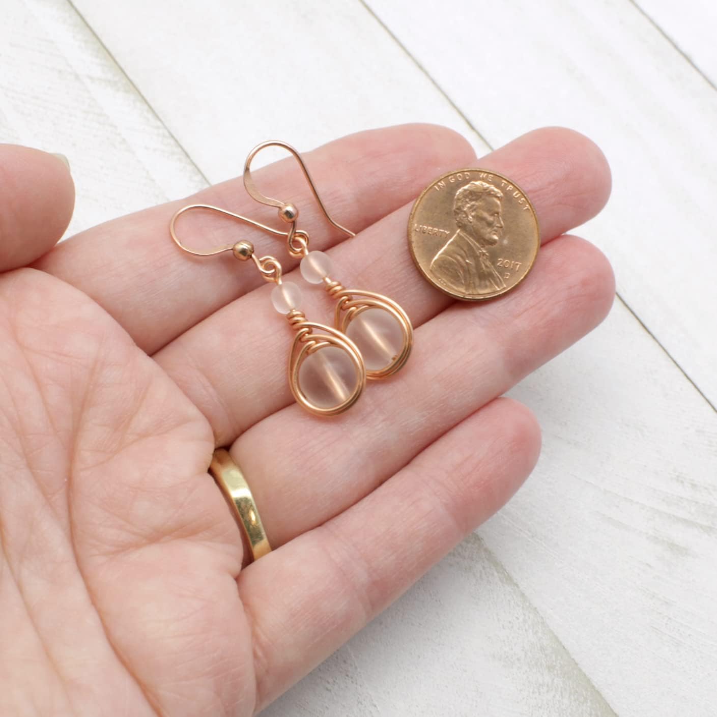 Pillar of Salt Studio Handcrafted Earrings Bright Copper and Sea Glass Wire Wrap Teardrop (Clear/White, 1" drop)