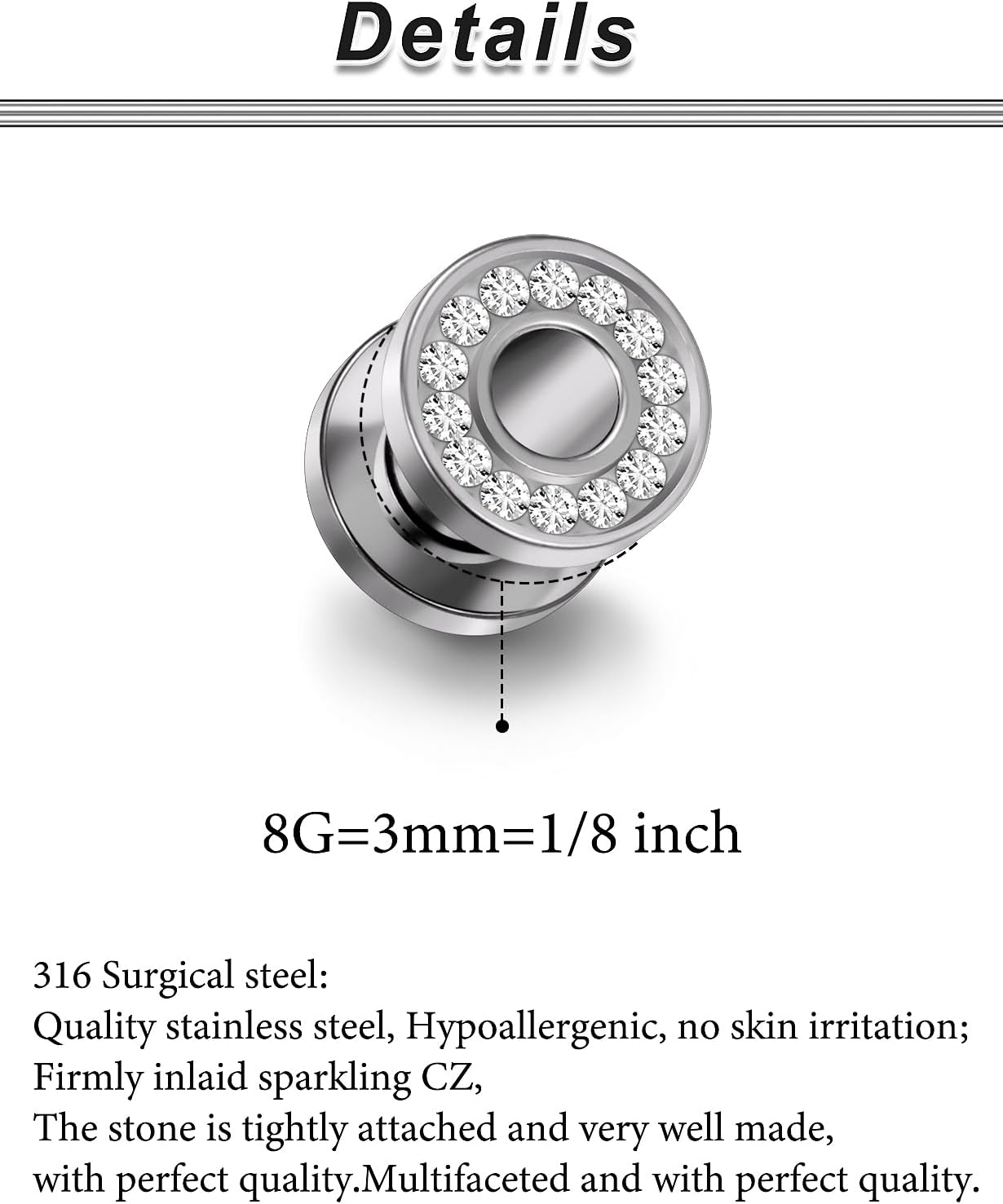 10G-00G Gauges for Ears 316L Surgical Steel Mirror Finish Single Flared Tunnels Plugs Earrings Hollow Internally Threaded Diamond Ear Gauges Piercing for Women Men Silver Black Gold 1 Pairs