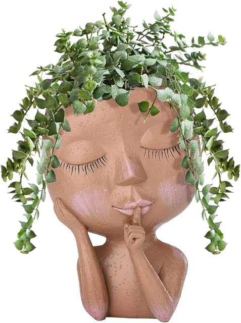 Unique Face Flower Pot for Indoor Outdoor Plants, Cute Succulent Planter Resin Head Planter with Drainage Hole,(Dark Brown)