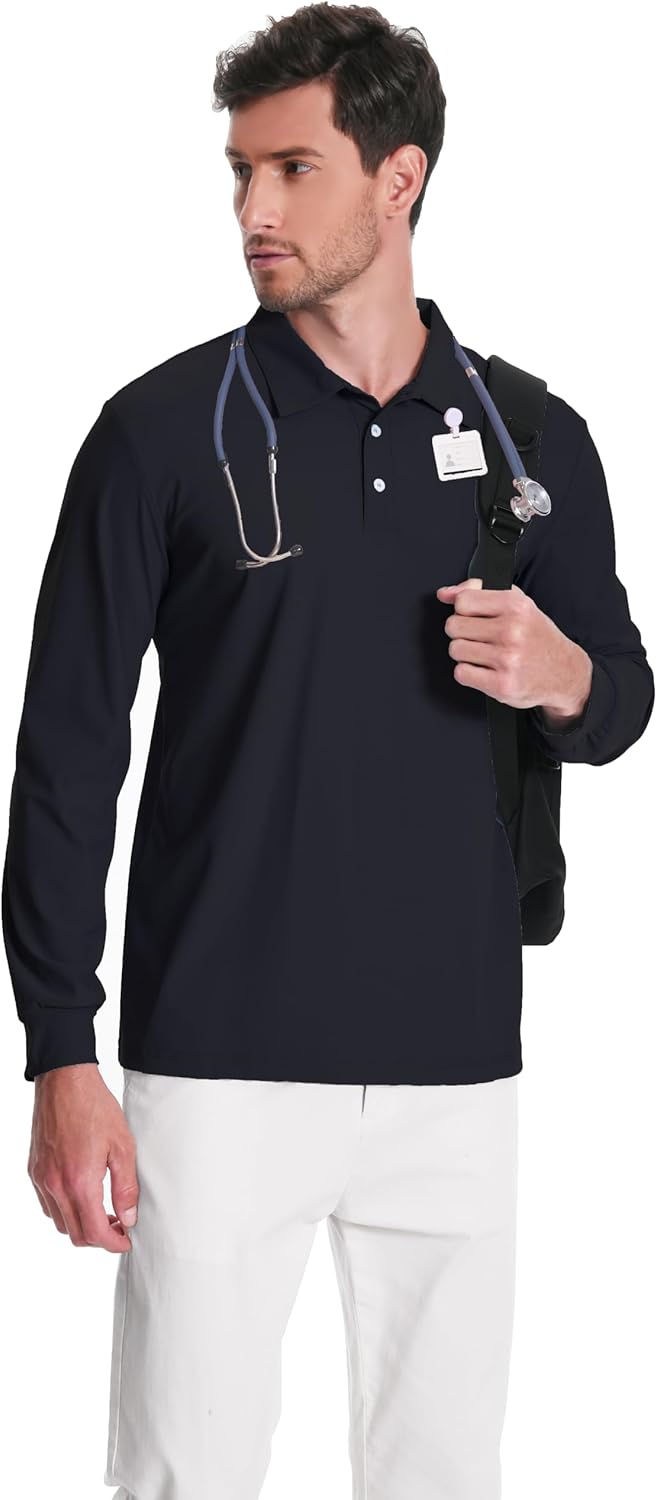 Scrub Shirt for Men Lab Medical Polo Nurse Doctor Stand Up Collared Long Sleeve Medicine Work Top - Image 2