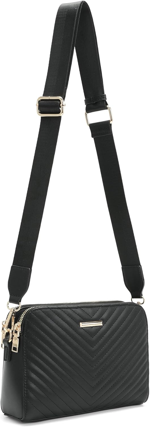 Crossbody Bags for Women Triple Zip Small Crossbody Purse PU Leather Shoulder Bag with Adjustable Wide Strap