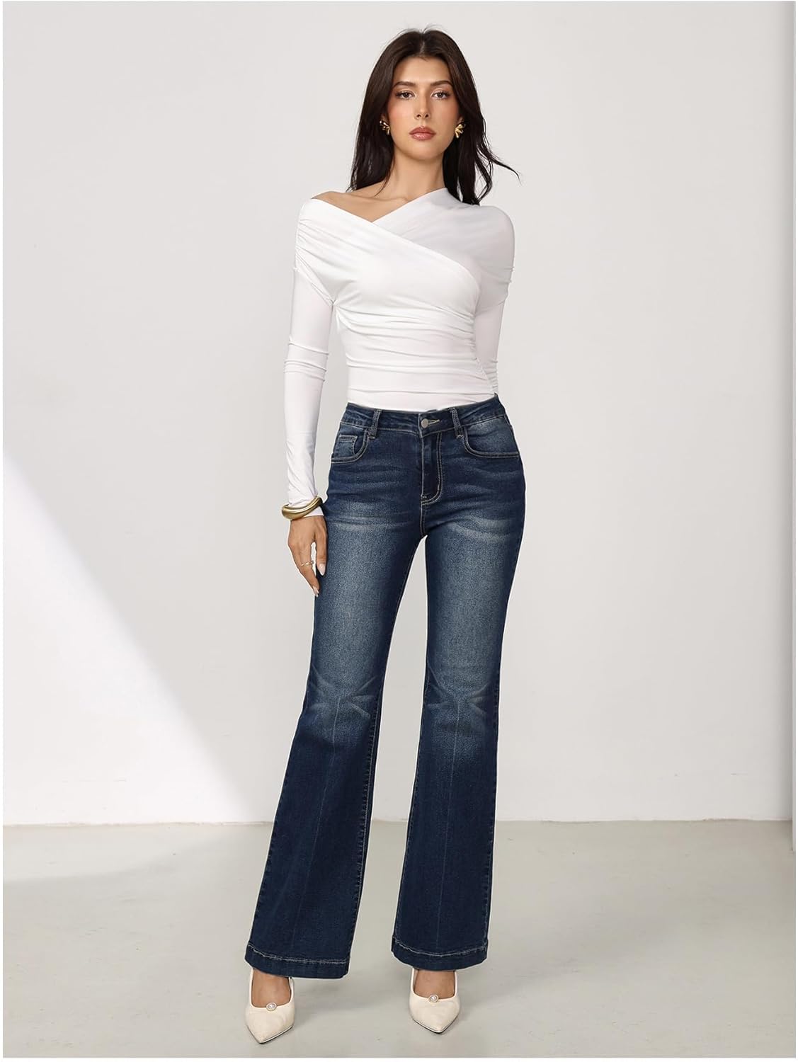 Milumia Women's Ruched One Shoulder Tops Cross Wrap Neck Long Sleeve Slim Tee Shirts - Image 6