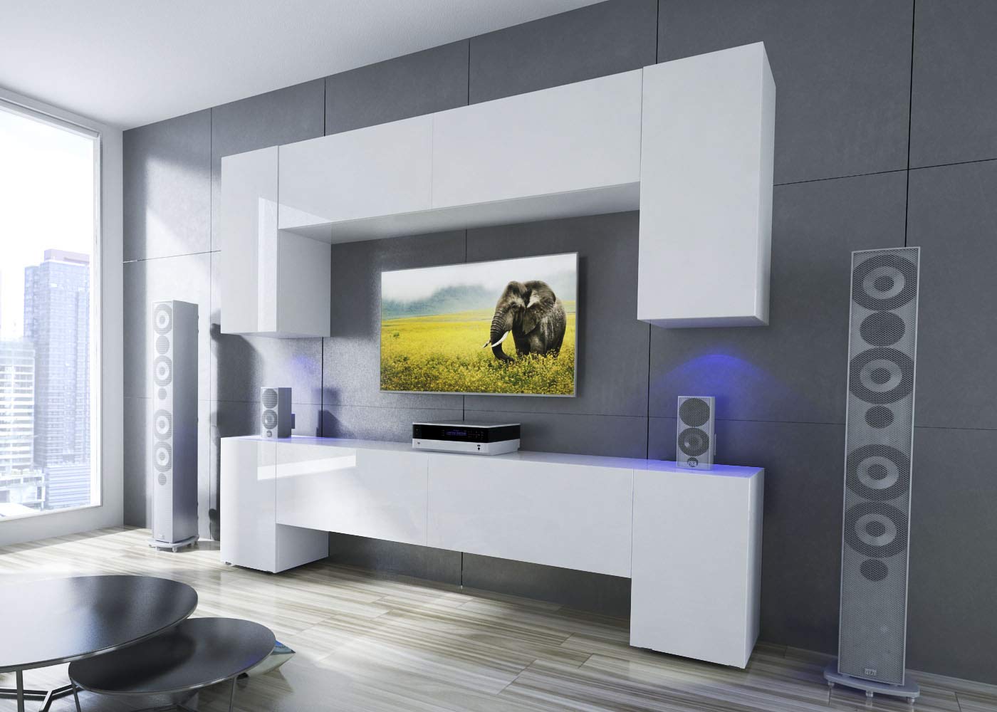 Furnitech Ekwador N33 nowoczesna meblościanka do salonu, szafka, meblościanka, mebel multimedialny (meble bez LED, AN33-17W-HG22 1B duże)