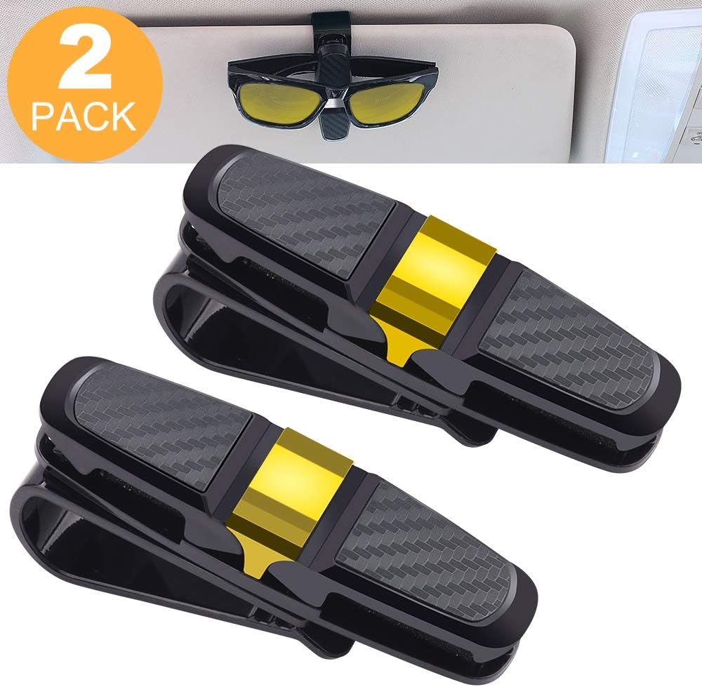 ASANMU 2 Pack Glasses Holders for Car Sun Visor, Sunglasses Eyeglasses Mount with Ticket Card Clip Double-Ends Clip -180° Rotationa - Gold