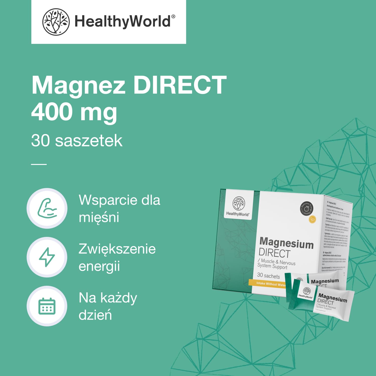 HealthyWorld Magnez DIRECT – 400 mg – Smak pomarańczy – 30 saszetek – Cytrynian + tlenek – Optymalne wchłanianie – Wsparcie dla mięśni i układu nerwowego – Zwiększenie energii