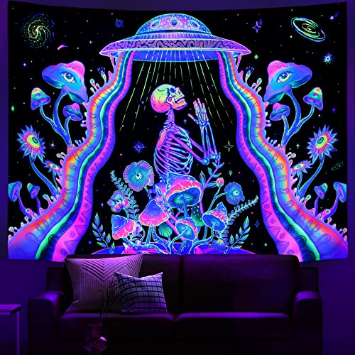 Galoker Blacklight Skeleton Tapestry Fantasy Plant Floral Tapestry Uv Reactive Alien Ufo Tapestry Galaxy Space Tapestry Wall Hanging For Home Decor(H51.2×W59.1 Inches) #TOP1