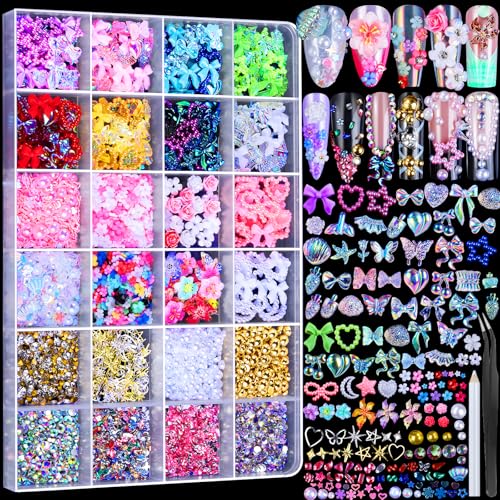 FAMDAMEI 24 Grid Nail Charms, Nail Art Kit with Multi Shapes Nail Charms and Gems, Flatback AB Nail Rhinestones Gold Nail Pearls, Charms Y2K for Nails, 3D Hawaii Flowers Nail Jewels for Nail Design