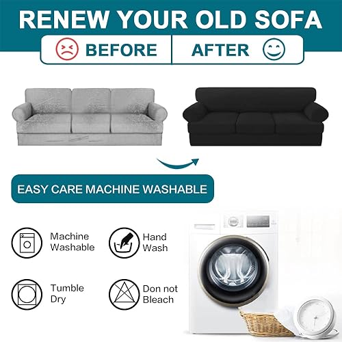 Miniatura 7 de Turquoize Fundas elásticas para sofá de 4 piezas con cojines en forma de T, fundas para muebles con 3 fundas individuales de cojín en forma de T,