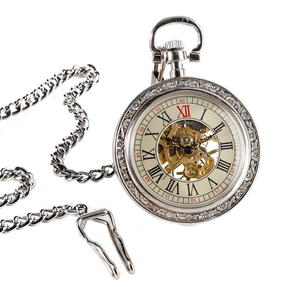 Steampunk Silber Skelett mechanische Taschenuhr Kette Offenes Gesichtsdesign Hand Wind Frauen Männer Uhren Uhr