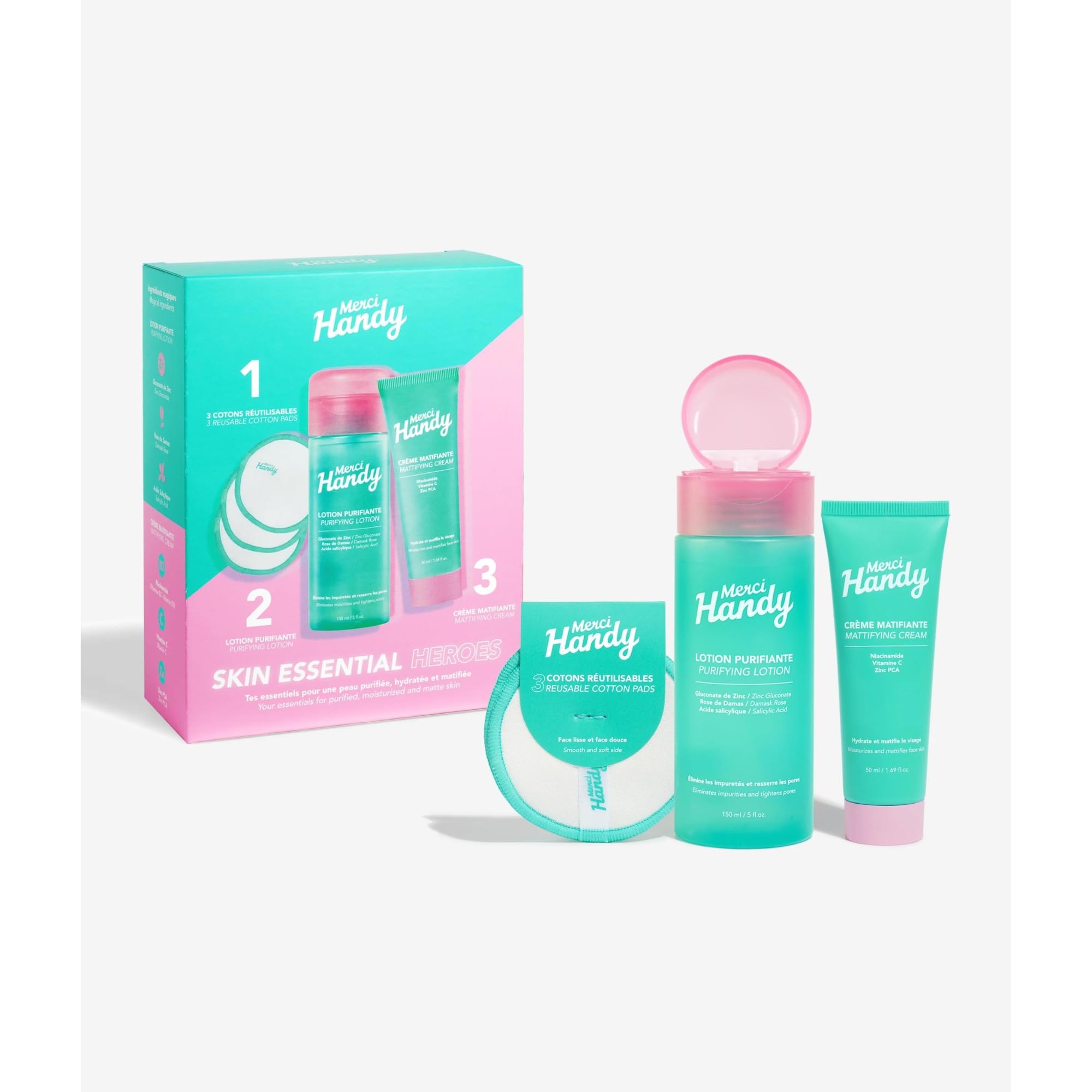 Merci HandySkin Essential Heroes - Facial Routine - Cleansing Lotion 150 ml - Mattifying Cream 50 ml - 3 FREE Cotton Pads
