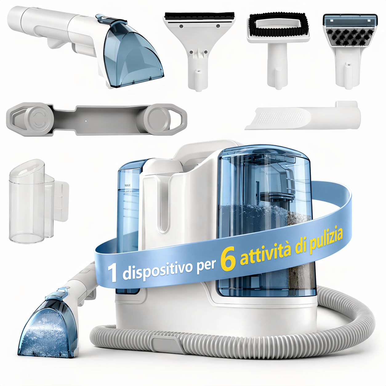 Lavatappeti Aspirapolvere Tessuti Divani 450W, 16 KPa Lava Divano, Aspirapolvere Lavatore con Serbatoio Doppio 1800/600 ml, 4 Spazzole per Divano, Moquette, Interni Auto