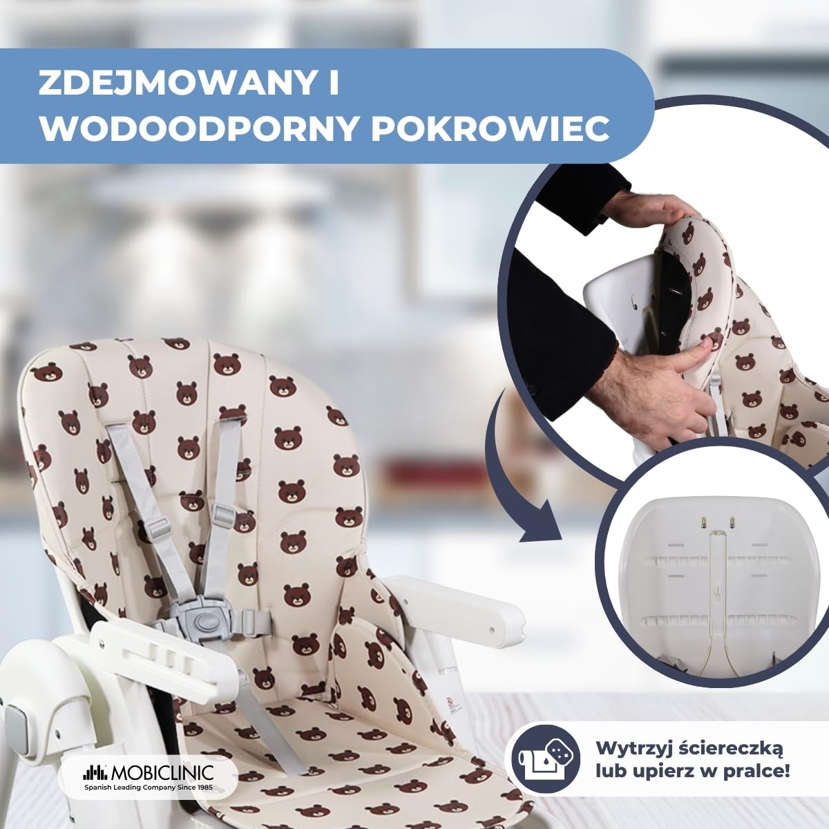 Mobiclinic®, Wysokie krzesełko dla dziecka, Evolutive, Dodatkowe składanie, Możliwość przekształcenia w krzesełko, Simba, 5-punktowe, Kółka z hamulcami, Podwójna wyjmowana tacka