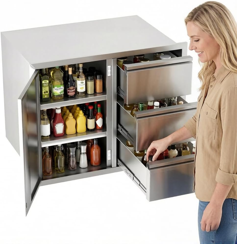 28 x 22 x 19.5in Outdoor Kitchen Drawers Combo Cabinet​, 304 Stainless Steel Cabinet​ with Triple Drawers & Access Doors, Outdoor Kitchen Cabinets​ for BBQ Stations & Family Feasts