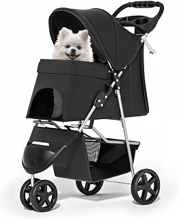 MoNiBloom Foldable 3-Wheel Pet Stroller for Small/Medium Dogs & Cats - Weather Cover, Storage Basket, Cup Holder, All-Season Black