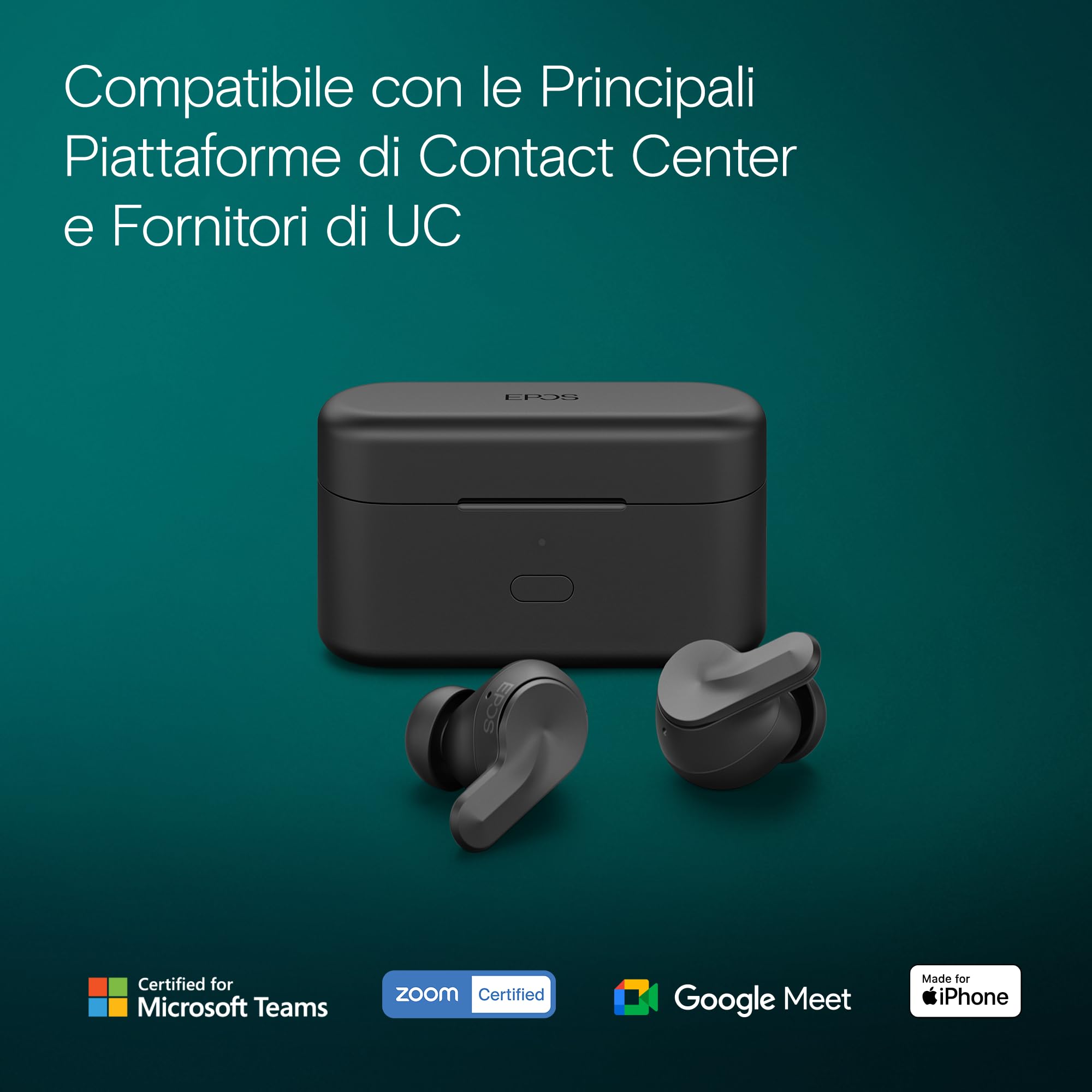 EPOS ADAPT E1 Auricolari Wireless Nero – ANC Ibrido, Bluetooth Multi-Point, Certificati Microsoft Teams & For iPhone – 50H Batteria, Ricarica Wireless, Dongle USB-C, IPX5 Impermeabile