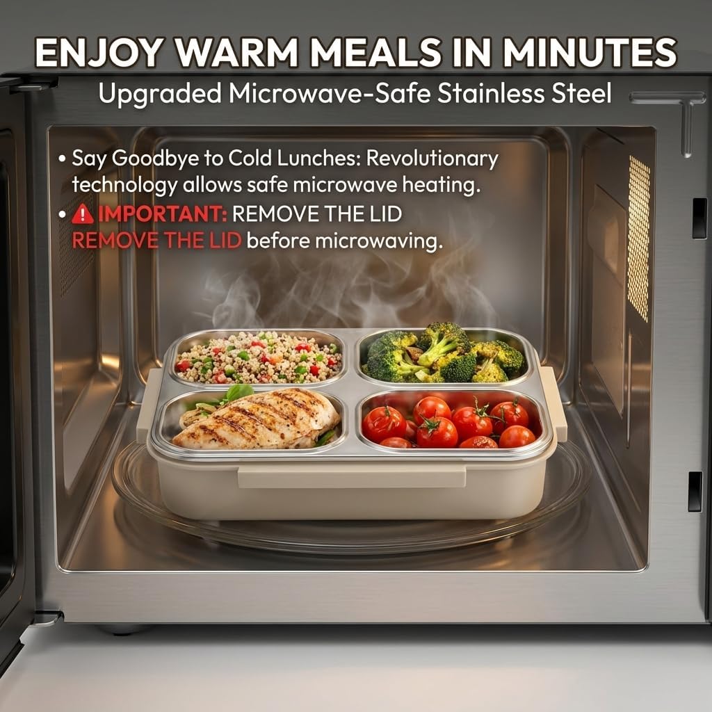 Bento Box Adult Lunch Box - Microwave Safe Stainless Steel Meal Prep Containers, 1200ML Large Capacity 4-Compartment Leak Proof Food Container with Handle & Utensils for Work, Office [Green] image 2