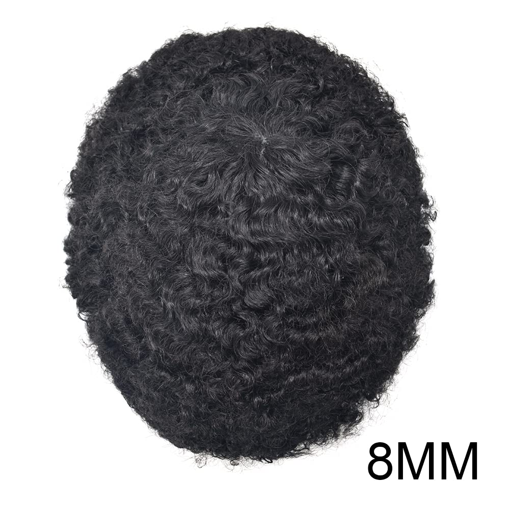 Afro Toupee for Black Men Curly Weave Brazilian Hair System All Pu Injection Hair Unit for Black Men (1B# Natural Black,8MM Afro)