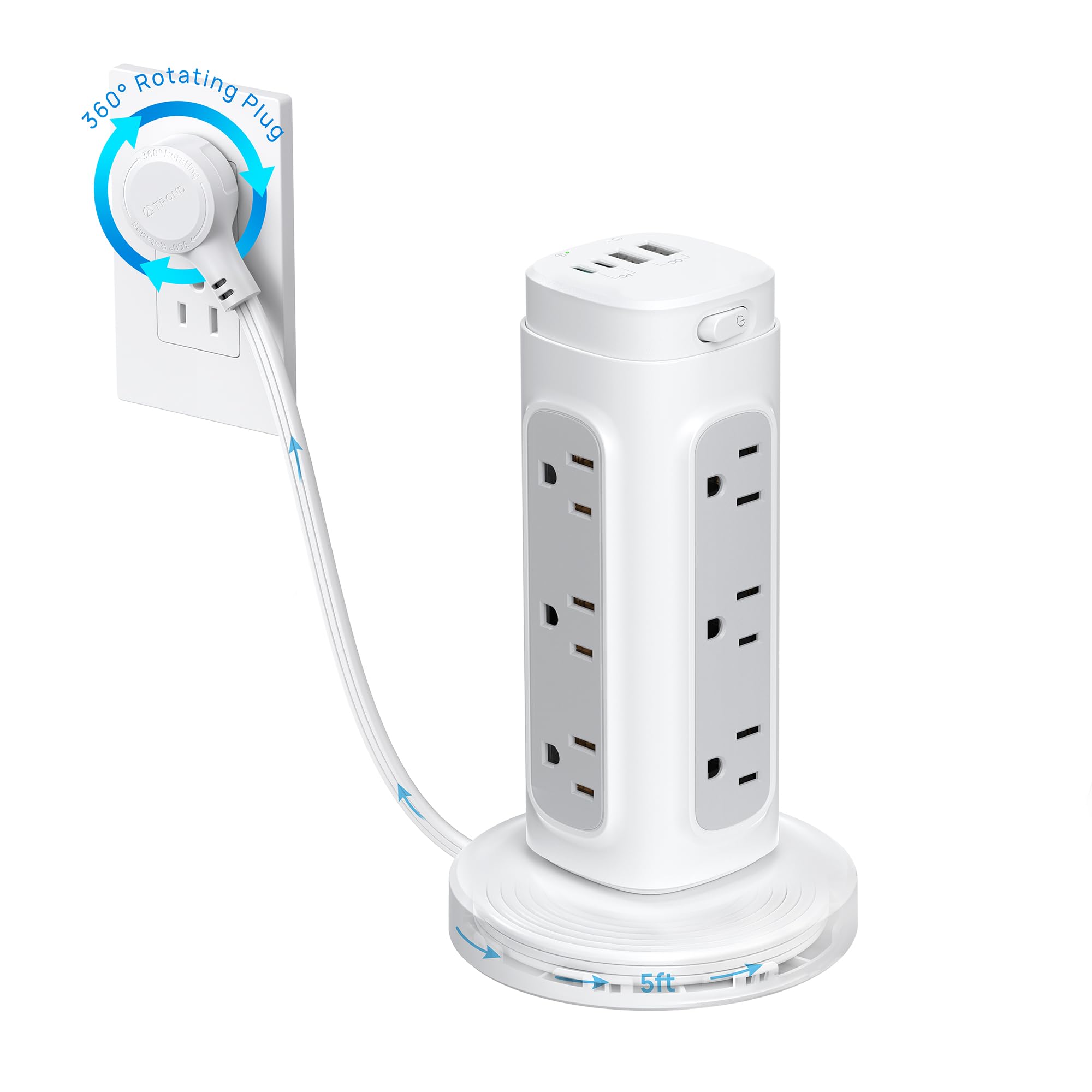 TROND Rotating Plug Power Strip Tower PD 20W - 5ft Retractable Extension Cord Surge Protector, 12 Outlets, 4 USB, 1700J Protection, Space Saving Home Office Desk Supplies, Dorm Room Essentials