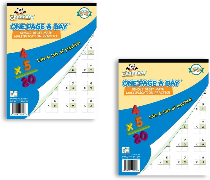 Channie's One Page A Day Single Digit (Beginner) Multiplication Math Problem Workbook for 2nd Graders and 3rd Grade Simply Tear Off On Page a Day for Math Repetition Exercise! - 2 Pack