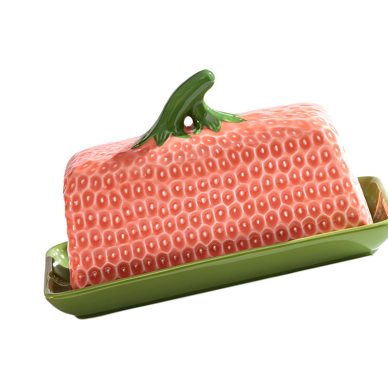 Contenedor de mantequilla con acento de de cerámica, textura de fruta elevada, forma de fresa brillante para estación de café, decoración de cocina de cerámica, contenedor de encimera de fresa,