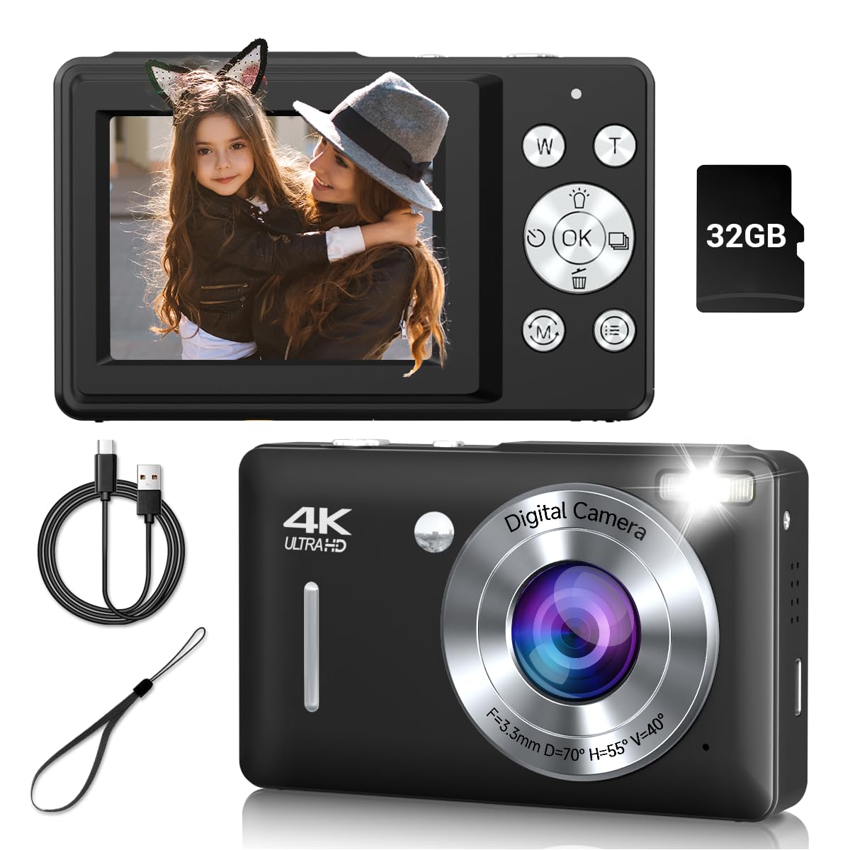 Cámara digital, cámara digital FHD 1080P para niños, cámara digital vintage con zoom de 16X, detección facial, captura de sonrisa, antivibración, cámara compacta de apuntar y disparar, cámara pequeña