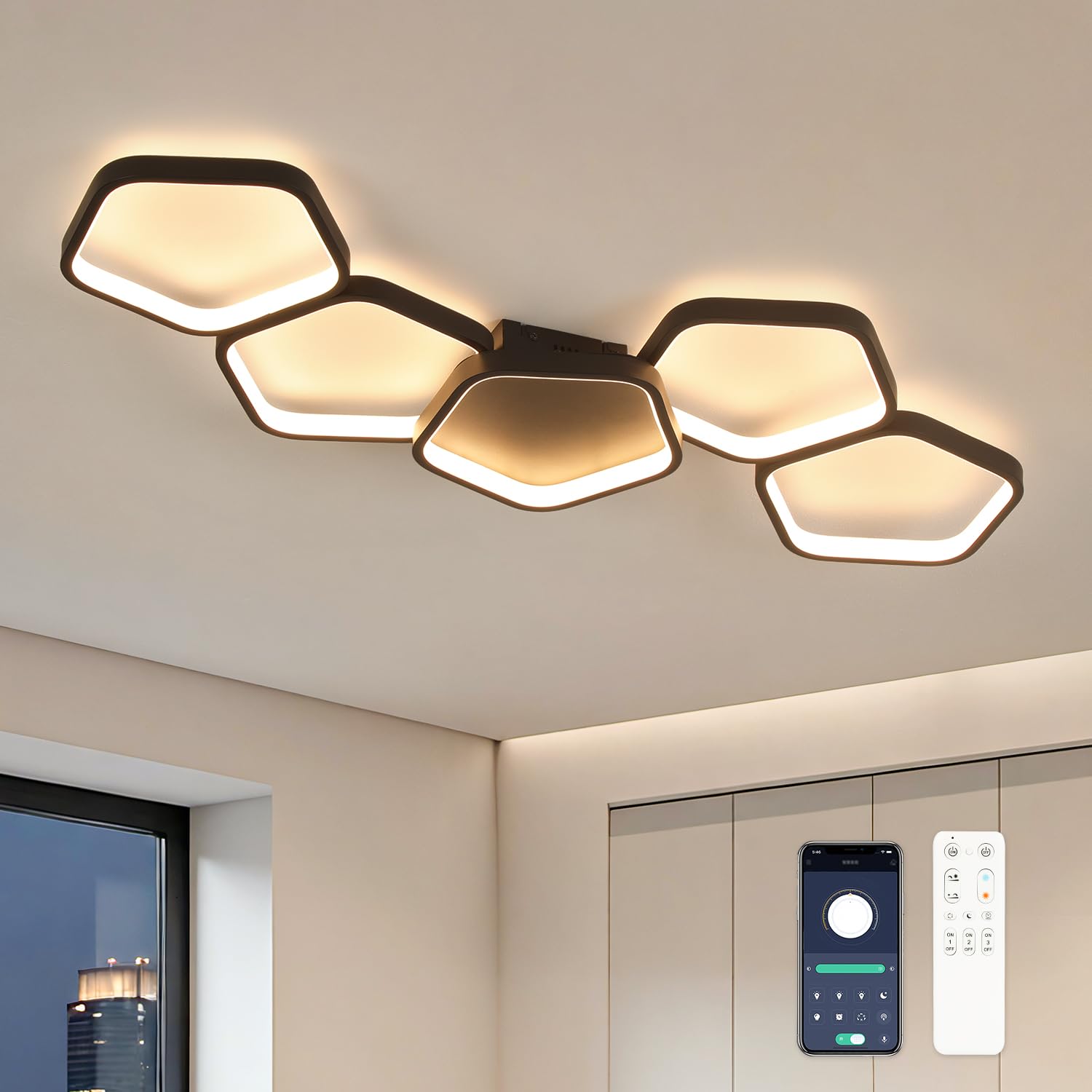 Kuwork LED Deckenleuchte 54W Dimmbar 3000K-6500K, Deckenlampe Modern mit Fernbedienung & App Steuerung, Nachtlicht, Memory Funktion, Schwarz, für Wohnzimmer Schlafzimmer Küche, 81cm