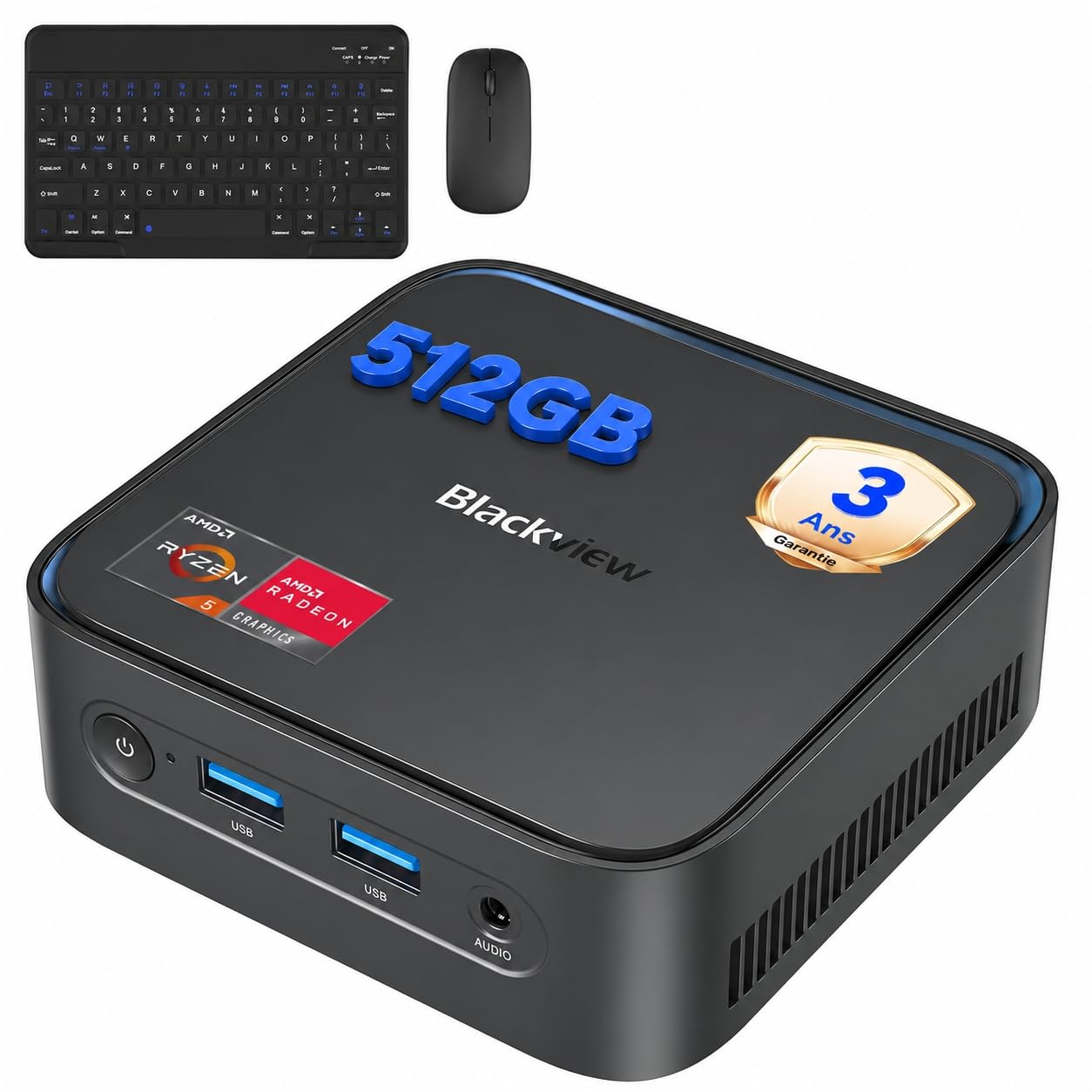 Blackview MP50 Radeon Vega 8 Mini PC avec Souris et Clavier, AMD Ryzen 5, Win-11 Pro, 16Go+512Go SSD, 4K@60Hz HDMI+DP, WiFi Double Bande Mini Ordinateur de Bureau, Idéal École/Maison/Bureau