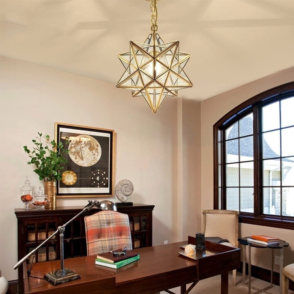 Lámpara Colgante de 15 Pulgadas con Pantalla de Vidrio Esmerilado en Forma de Estrella posmoderna, lámpara de araña Colgante para Cocina, iluminación Colgante Totalmente de Cobre para Sala d