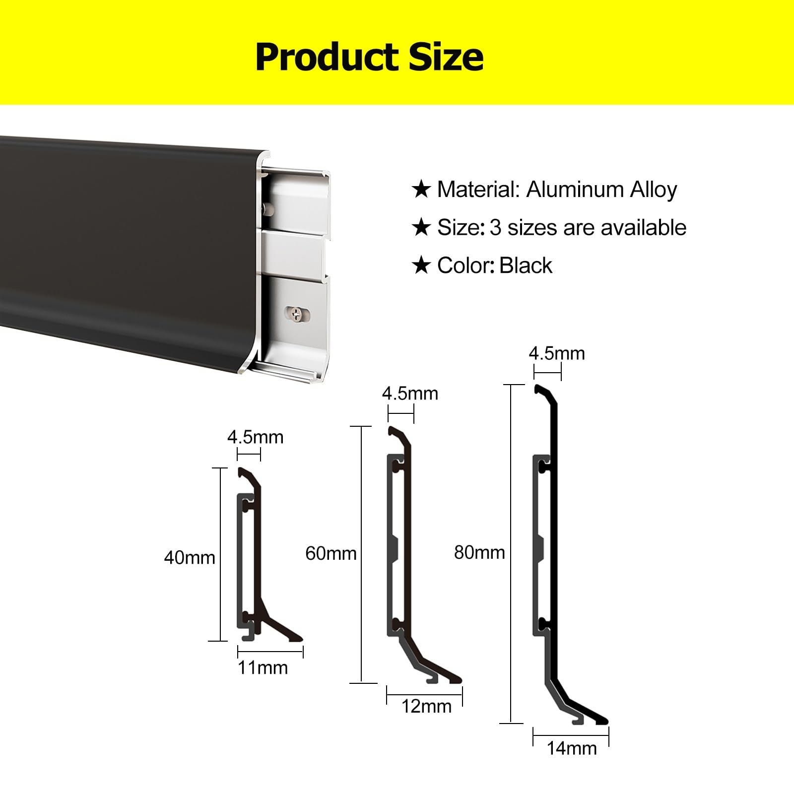 Battiscopa Rivestimento per battiscopa in alluminio nero, rivestimento per modanatura base pavimento parete per bagno di casa e ufficio, rivestimento per battiscopa impermeabile con punta(1-3/5 in(4cm