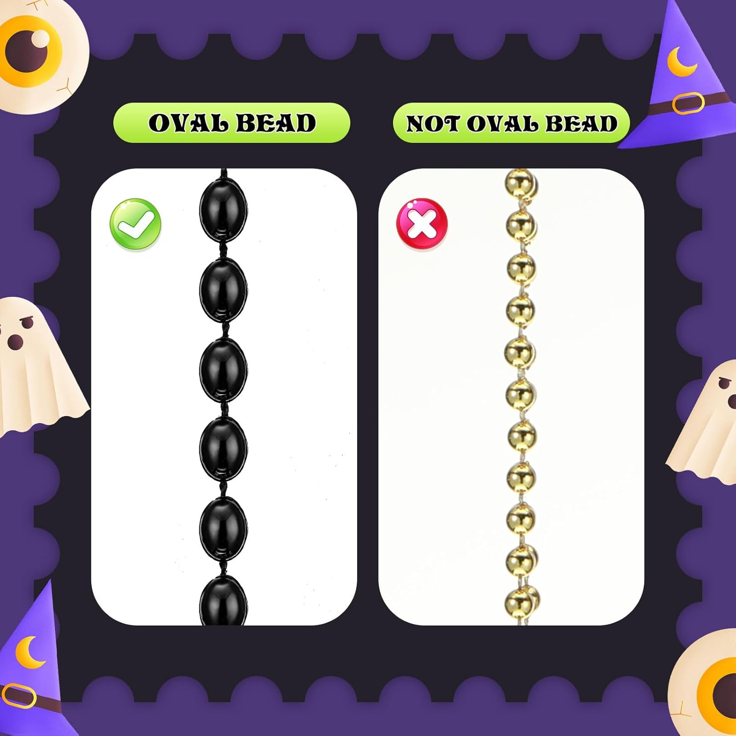Riceshoot 200 Pcs Black Bead Necklace Bulk Mardi Gras Oval Beads Necklace Party Favors 33" 7mm Metallic Color Beaded Costume Necklaces for Halloween Christmas Festive Event Accessories