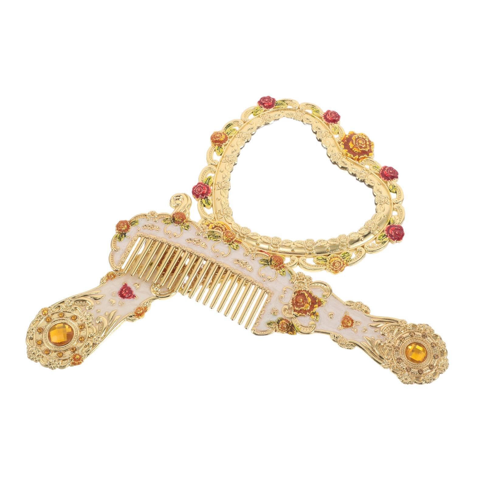 PACKOVE Specchio da con Manico Pieghevole in Metallo Oro Vintage Portatile e Pettine Cuore per Quotidiano e Styling