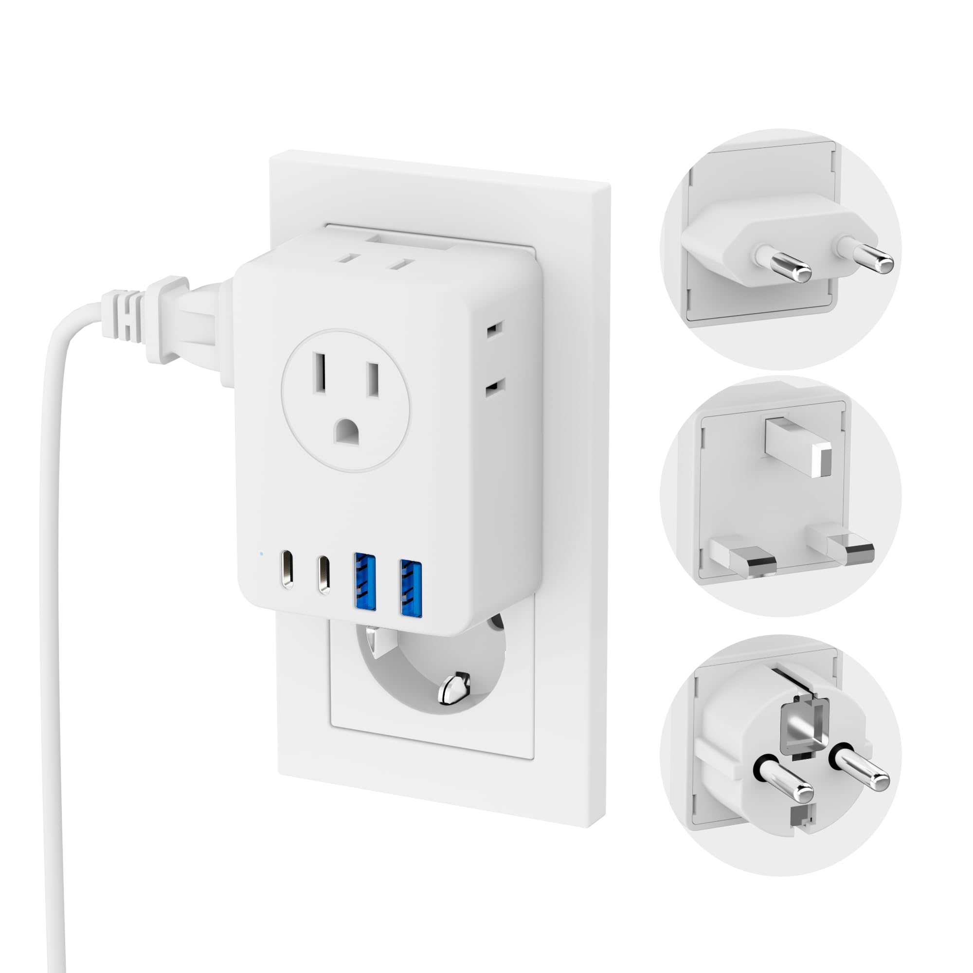 Kakyanill European Travel Plug Adapter, Detachable Adapter Type C/G/E/F Plug, 4 AC Outlets, 4 USB Ports (2 USB C), EU UK Germay France Greece Travel