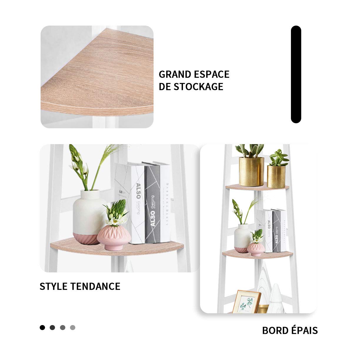 DREAMADE Etagère d’Angle, Bibliothèque d’Angle, Meuble d’Angle à 4 Niveaux en Bois avec Style Echelle pour Salon, Chambre, Salle de Bain, Bureau, Balcon 32 x 32 x 138CM Blanc