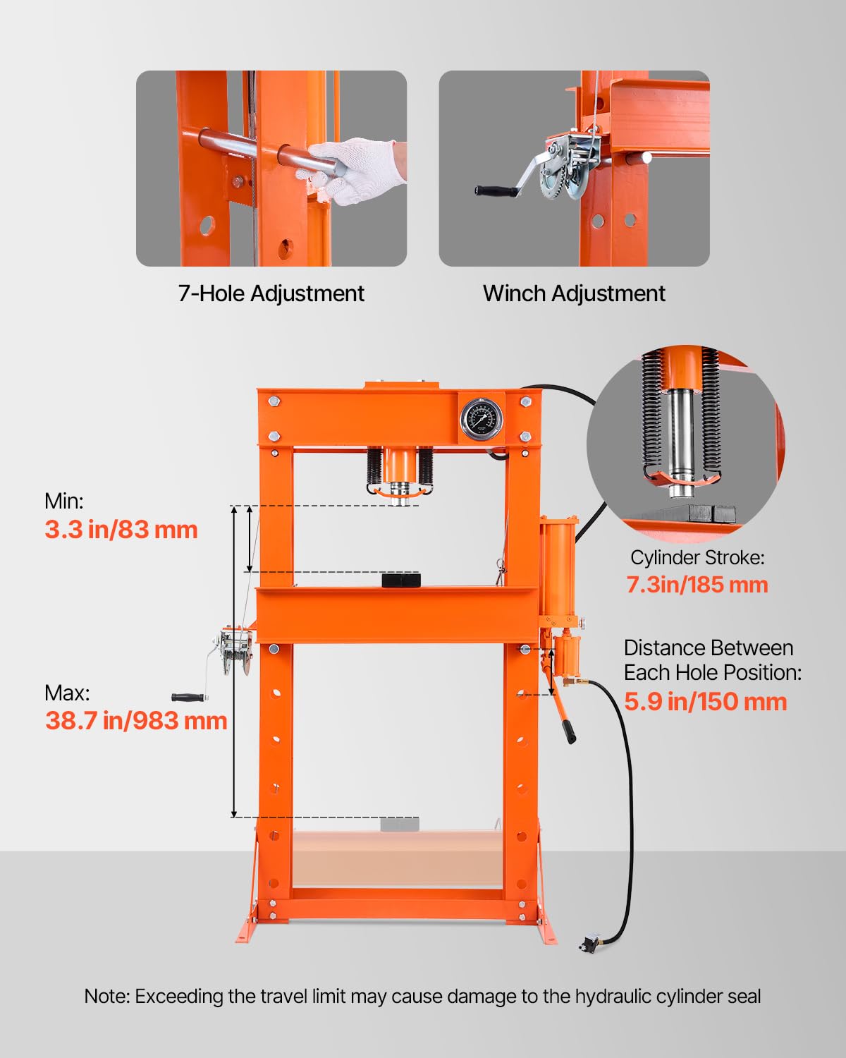 VEVOR hydraulische Werkstattpresse 20 t (H-Rahmen) mit Pressplatte, einstellbare Hydraulikpresse (Max. Zylinder 185 mm) mit Dreieckstütze, geeignet zum Biegen & Richten & Stanzen Orange