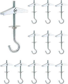 QWORK  12 Piece Ceiling Hooks, M5x90mm, Carbon Steel Wing Spring Toggle Hooks, for Hanging Plants Fixed Anchor Hooks for plasterboard Ceilings