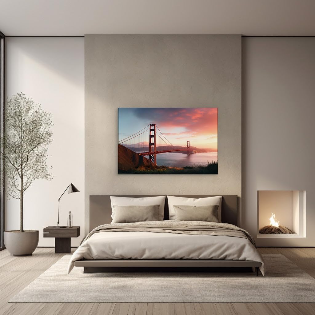 Canvas for Living room. Golden Hues and Serene Views - The Golden Gate Bridge at Sunset, 27 x 18 inch Canvas Wall Art - Ready to Hang - 69x46 cm (27x18 inch)