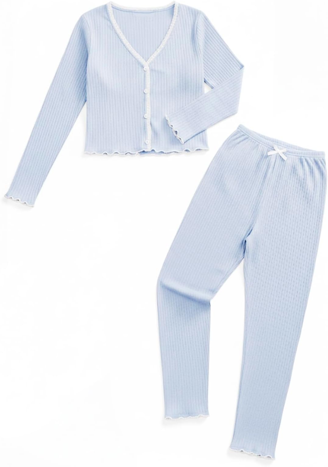 SOLOBUY Outlet Pyjama Sets Women Solid Pattern Crop Tops V Neck Long Sleeve Shirts Ruffles Pants Fashionable Clothing