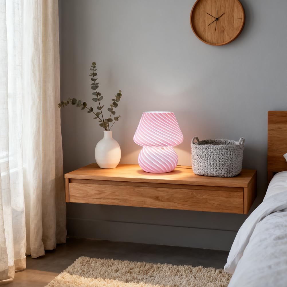 Pilz Dimmbar Nachttischlampe LED Tischlampe mit Kabel und Stecker Moderne Aesthetic Glas Pilz Lmape 3000K/4000K/6000K Kleine Lampe Deko Tischleuchte für Schlafzimmer Wohnzimmer (Rosa)