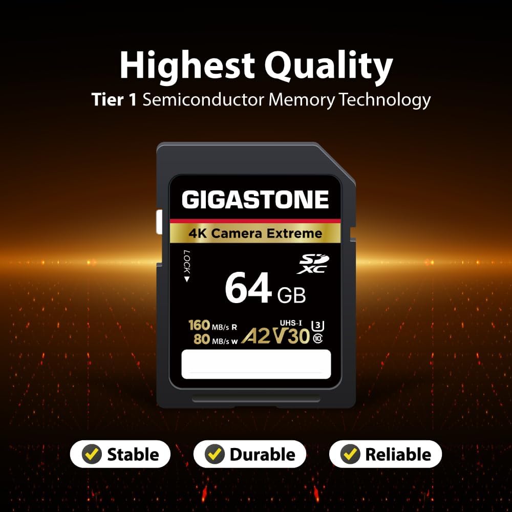 【5-Years Data Recovery】 GIGASTONE 64GB SD Card 2-Pack, 4K Camera Extreme, A2 V30 U3 SDXC Memory Card High Speed UHD Video Compatible with Canon Digital Camera, with 2 Mini case